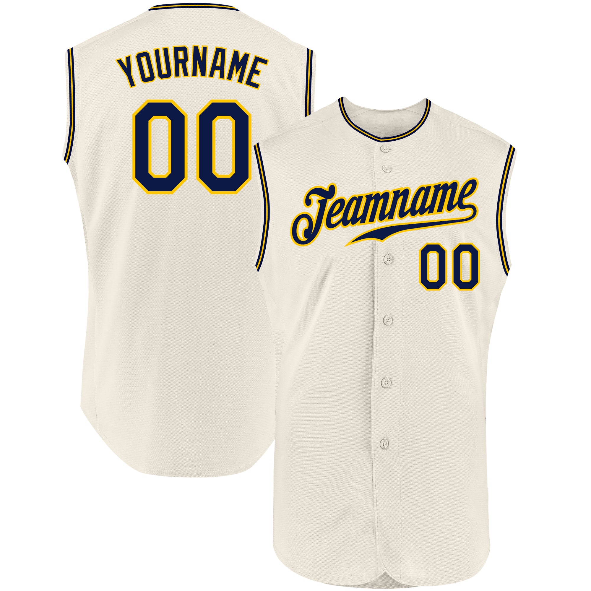Custom Navy-Gold Authentic Sleeveless Baseball Jersey with Personalized Name and Number, Cream Team Edition Personalized