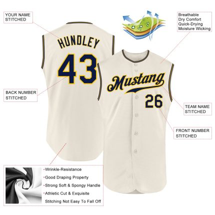 Custom Navy-Gold Authentic Sleeveless Baseball Jersey with Personalized Name and Number, Cream Team Edition Personalized
