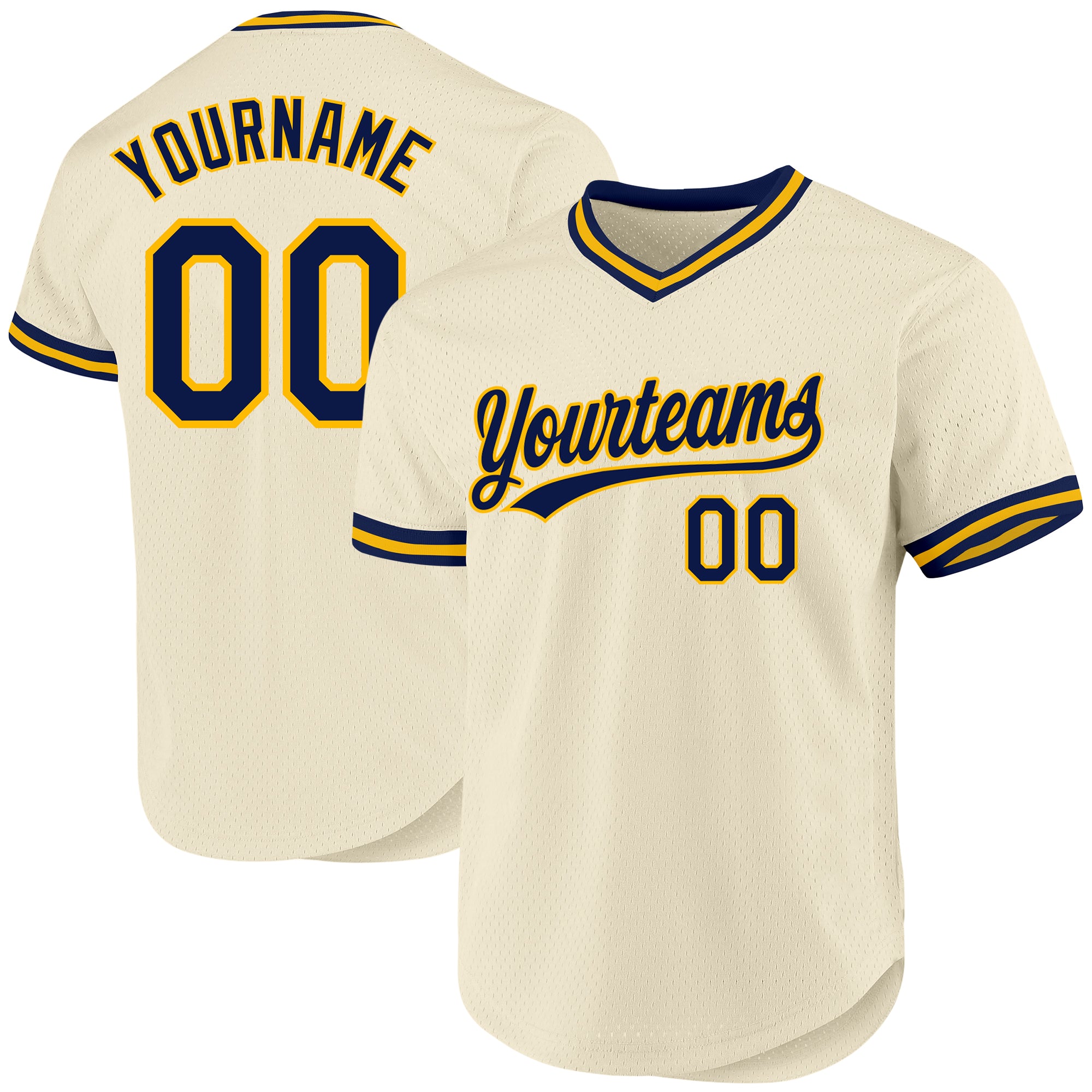Custom Personalized Baseball Jersey with Name and Number - Cream Navy Gold Authentic Throwback Style Personalized Cream Navy-Gold