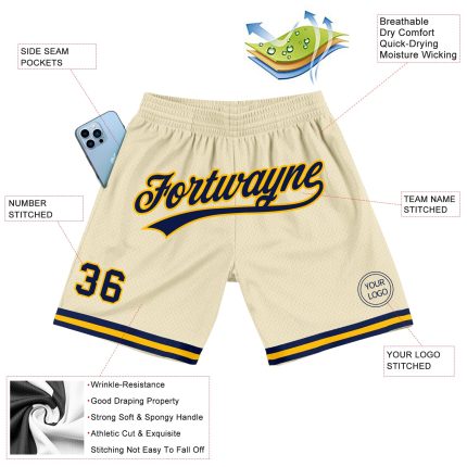 Personalized Navy-Gold Basketball Shorts - Authentic Throwback Style Personalized Cream Navy-Gold Authentic Throwback Basketball