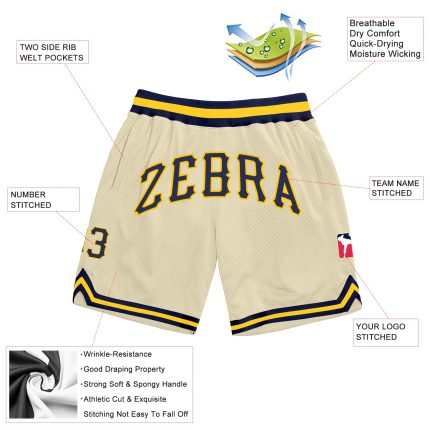 Custom Navy-Gold Basketball Shorts with Personalized Name and Number - Authentic Throwback Style Personalized Cream Navy-Gold