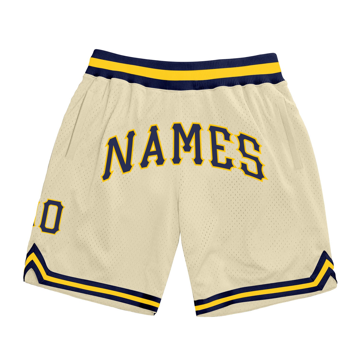 Custom Navy-Gold Basketball Shorts with Personalized Name and Number - Authentic Throwback Style Personalized Cream Navy-Gold