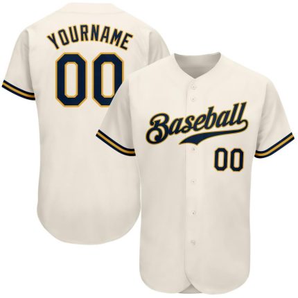 Personalized Baseball Jersey in Cream with Navy and Gold Details - Customizable Personalized Cream Navy-Gold Baseball Jersey