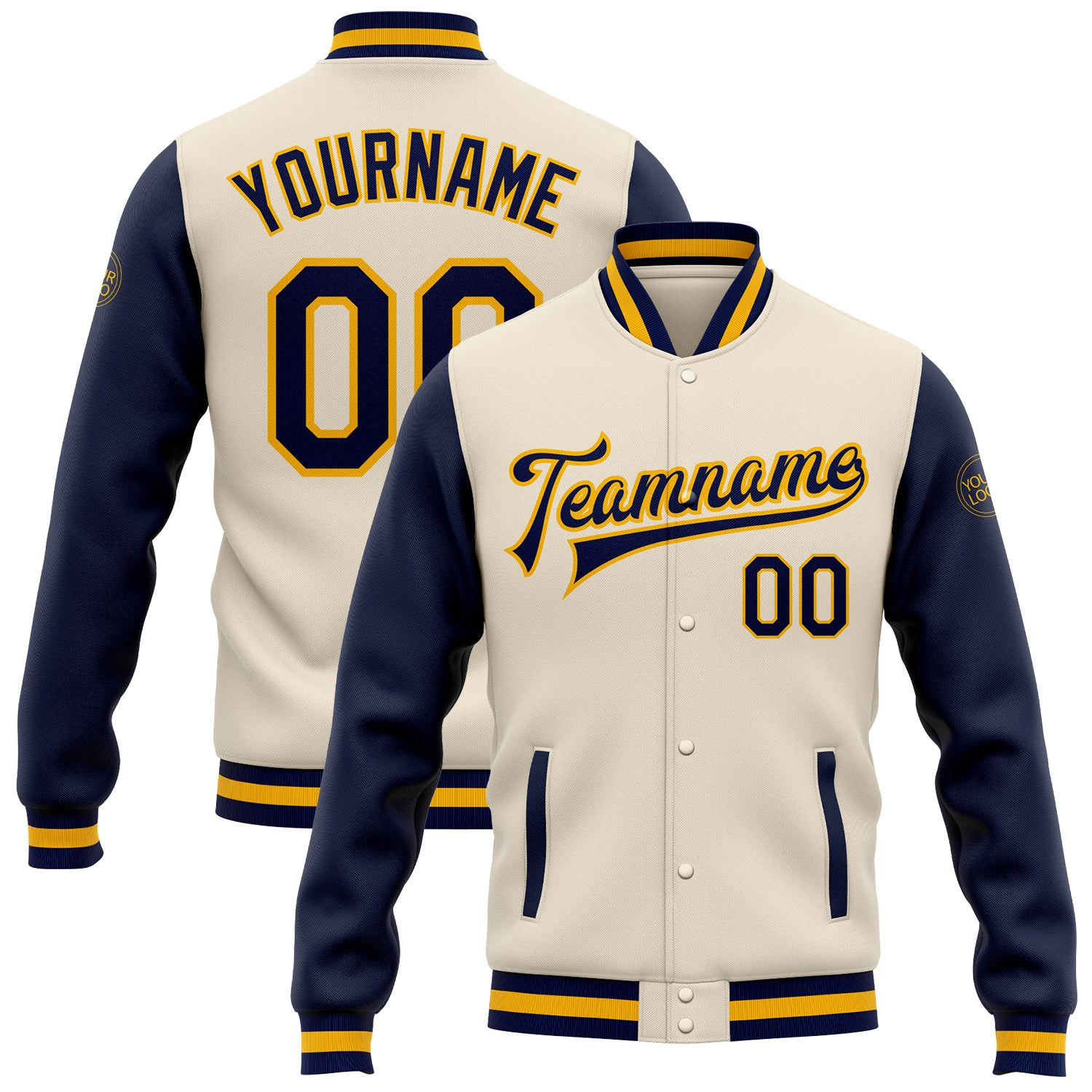 Personalized Navy Gold Bomber Varsity Letterman Two Tone Jacket Full-Snap Cream Personalized Cream Navy-Gold Bomber Full-Snap