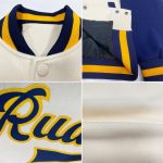 Custom Name Number Varsity Letterman Bomber Jacket Cream Navy Gold Two Tone Full-Snap Personalized Team Apparel Personalized