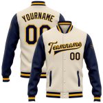 Custom Name Number Varsity Letterman Bomber Jacket Cream Navy Gold Two Tone Full-Snap Personalized Team Apparel Personalized