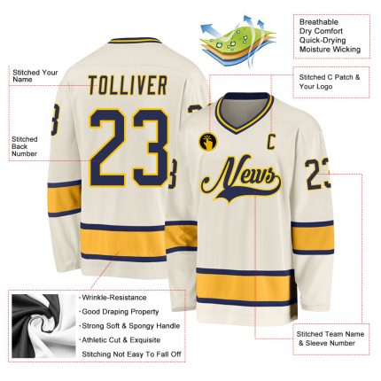 Personalized Hockey Jersey in Cream and Navy Gold - Custom Sports Apparel Personalized Cream Navy-Gold Hockey Jersey