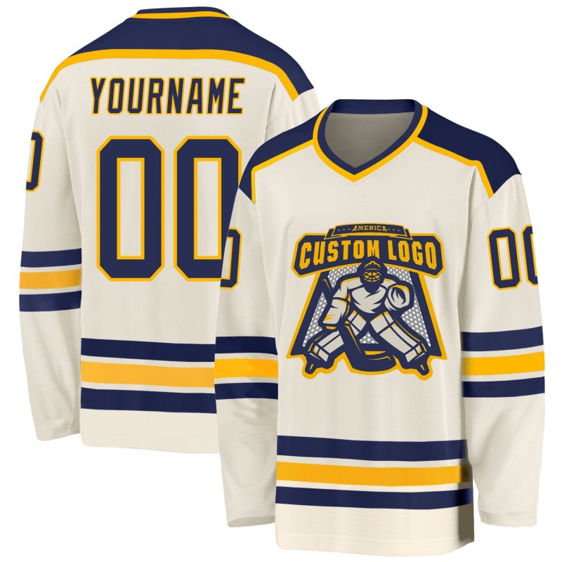 Personalized Hockey Jersey in Cream with Navy and Gold Accents - Custom Team Apparel Personalized Cream Navy-Gold Hockey
