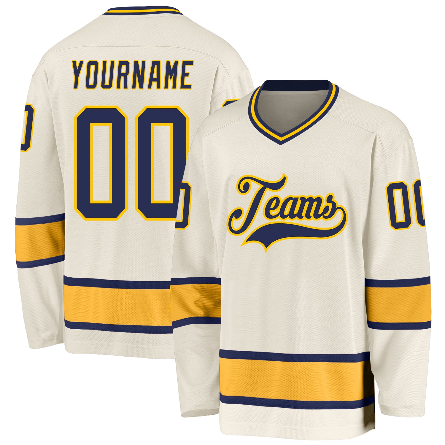 Personalized Hockey Jersey in Cream and Navy Gold - Custom Sports Apparel Personalized Cream Navy-Gold Hockey Jersey