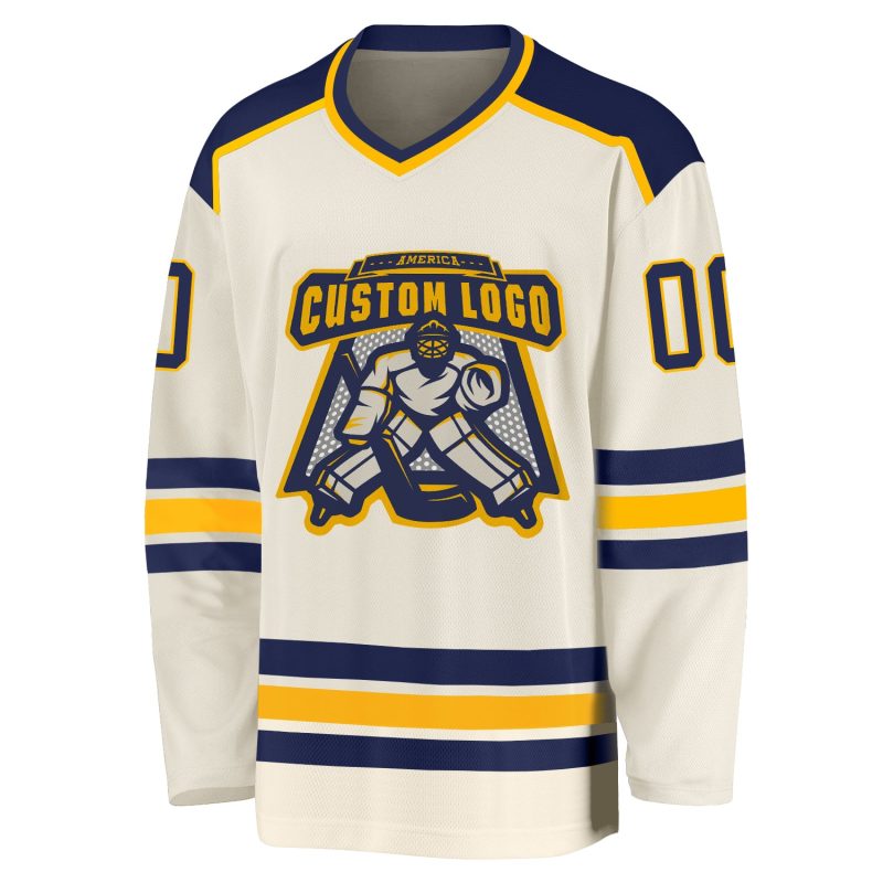 Personalized Hockey Jersey in Cream with Navy and Gold Accents - Custom Team Apparel Personalized Cream Navy-Gold Hockey