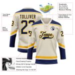 Personalized Navy Gold Hockey Jersey with Lace Neck - Custom Cream Color Personalized Cream Navy-Gold Hockey Lace Neck Jersey