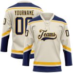 Personalized Navy Gold Hockey Jersey with Lace Neck - Custom Cream Color Personalized Cream Navy-Gold Hockey Lace Neck Jersey
