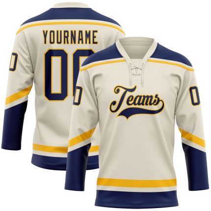 Personalized Navy Gold Hockey Jersey with Lace Neck - Custom Cream Color Personalized Cream Navy-Gold Hockey Lace Neck Jersey