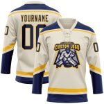 Personalized Navy Gold Hockey Jersey with Lace Neck - Custom Cream Color Personalized Cream Navy-Gold Hockey Lace Neck Jersey