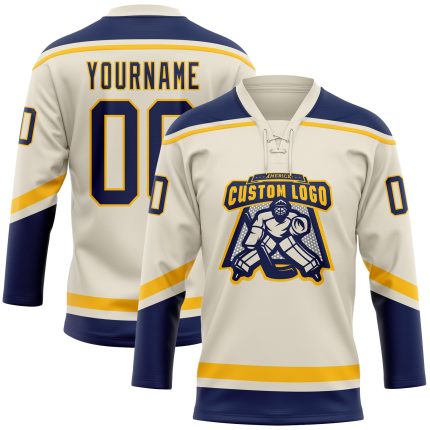 Personalized Navy Gold Hockey Jersey with Lace Neck - Custom Cream Color Personalized Cream Navy-Gold Hockey Lace Neck Jersey