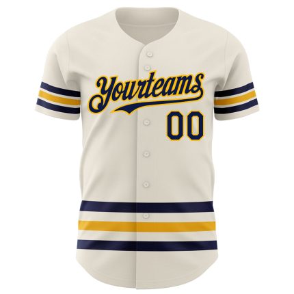 Custom Name and Number Authentic Baseball Jersey - Personalized Navy-Gold Line Team Jersey Personalized Cream Navy-Gold Line