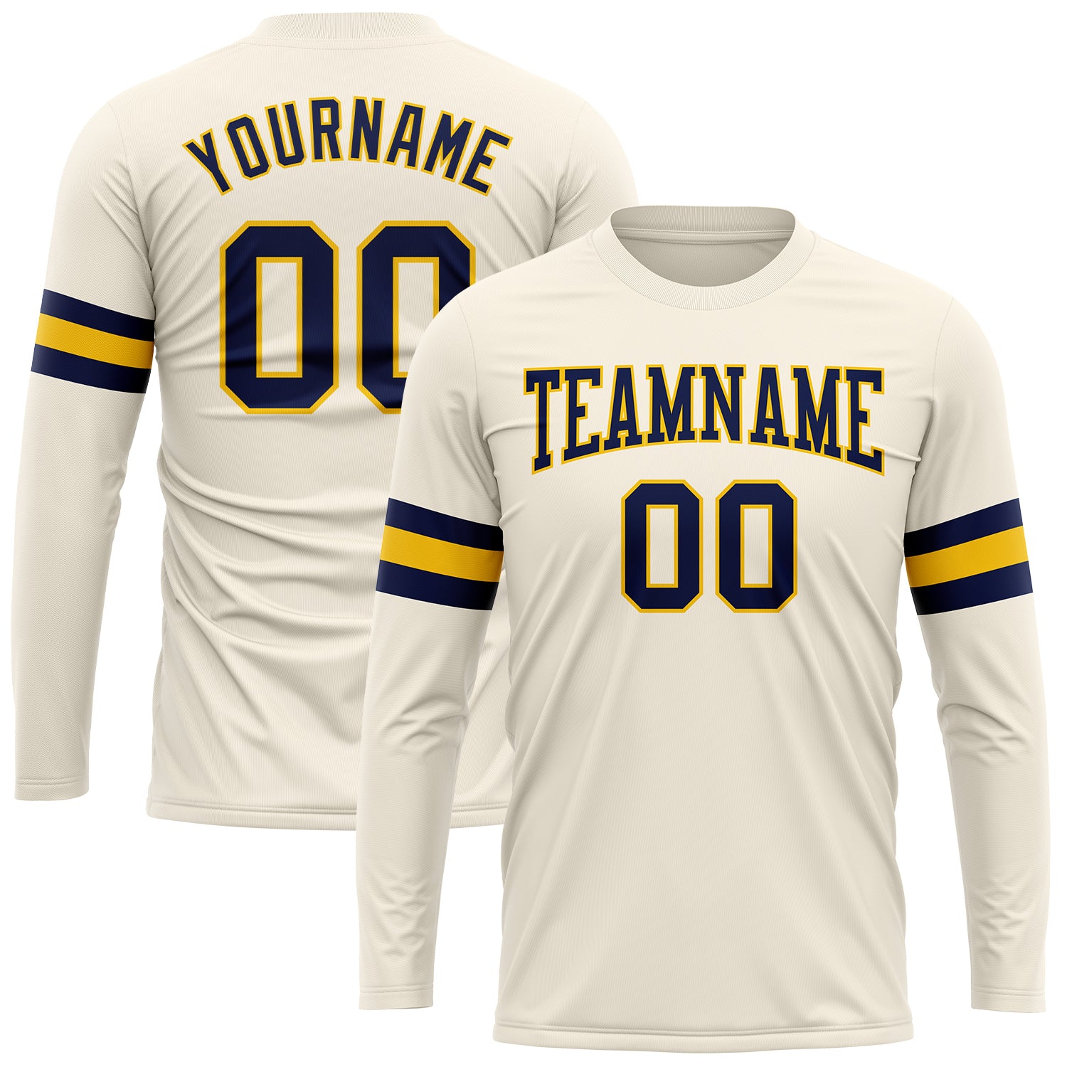 Personalized Navy Gold Long Sleeve Performance T-Shirt with Custom Name and Number for Team Use Personalized Cream Navy-Gold