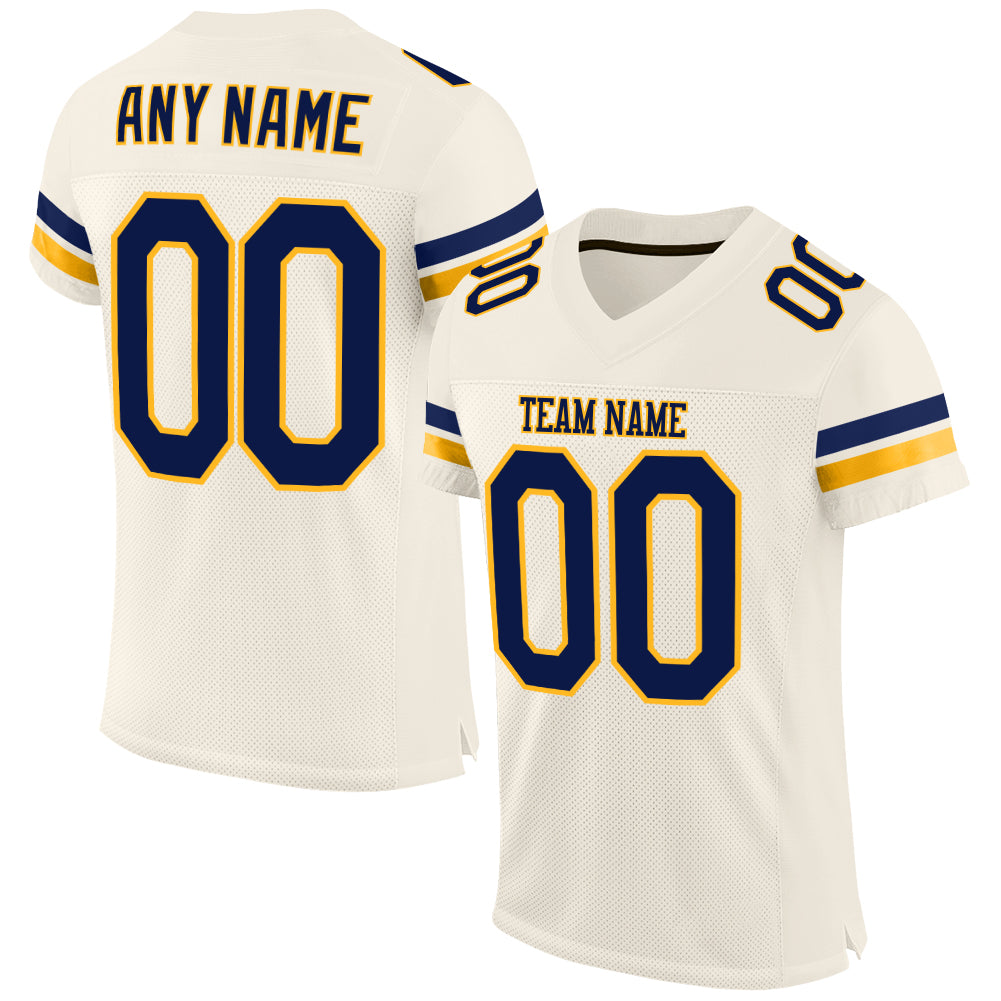 Customizable Authentic Football Jersey - Personalized Cream Navy Gold Mesh with Custom Name and Number Personalized Cream