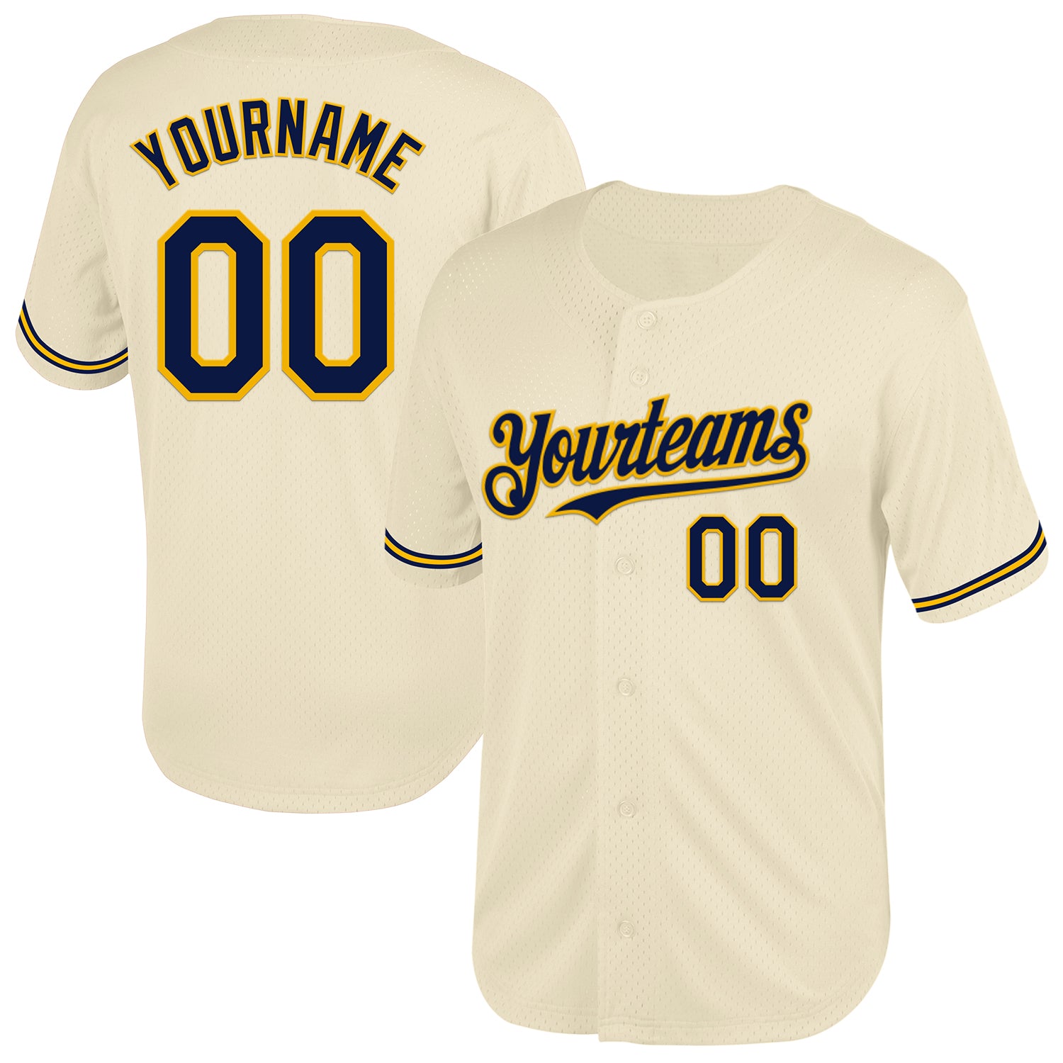 Custom Name Number Personalized Baseball Jersey - Cream Navy Gold Mesh Authentic Throwback Design Personalized Cream Navy-Gold