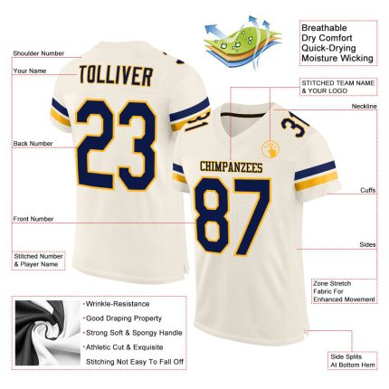 Personalized Navy Gold Football Jersey Mesh Cream Design for Men and Women Personalized Cream Navy-Gold Mesh Football Jersey
