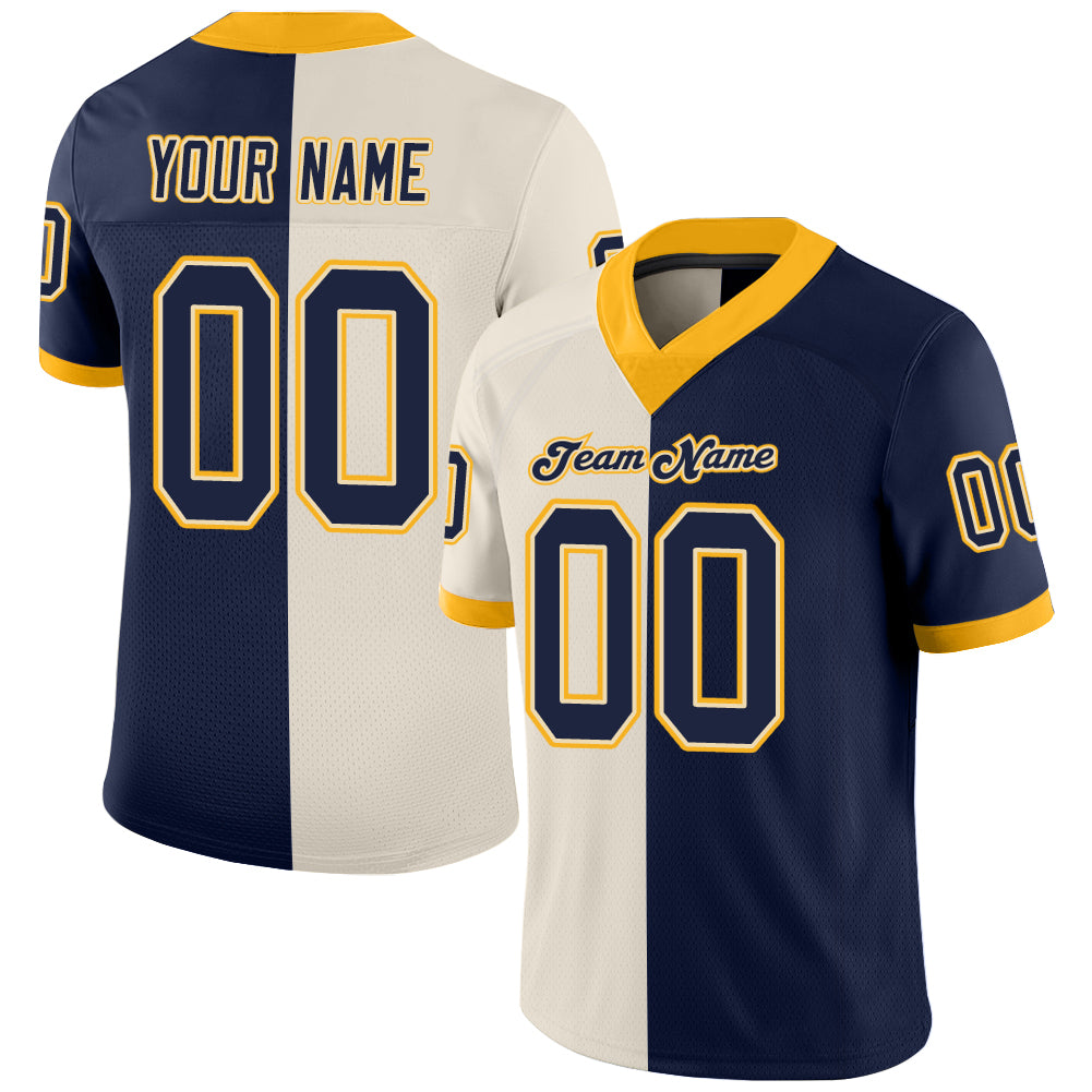 Custom Personalized Football Jersey with Name and Number - Cream Navy-Gold Mesh Split Design Personalized Cream Navy-Gold