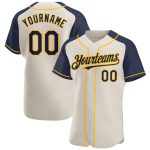 Personalized Navy Gold Baseball Jersey with Cream Raglan Sleeves Personalized Cream Navy-Gold Raglan Sleeves Baseball Jersey