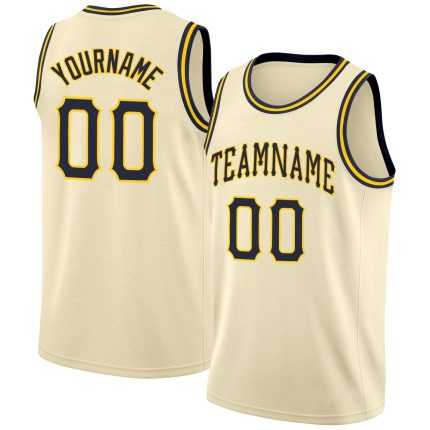 Custom Navy Gold Basketball Jersey Round Neck Rib-Knit Cream Design Personalized Cream Navy-Gold Round Neck Rib-Knit Basketball