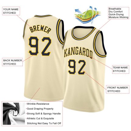 Custom Navy Gold Basketball Jersey Round Neck Rib-Knit Cream Design Personalized Cream Navy-Gold Round Neck Rib-Knit Basketball
