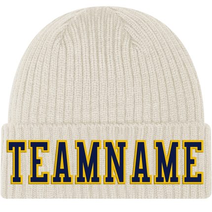Custom Team Knit Hat with Personalized Name and Number - Cream Navy-Gold Stitched Cuffed Beanie Personalized Cream Navy-Gold