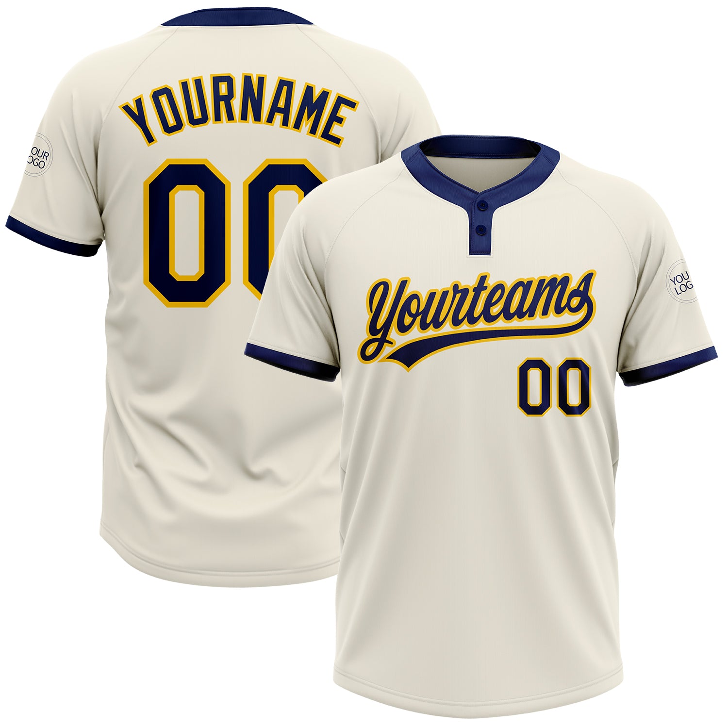 Custom Two-Button Unisex Softball Jersey with Name and Number - Personalized Cream Navy-Gold Design Personalized Cream Navy-Gold