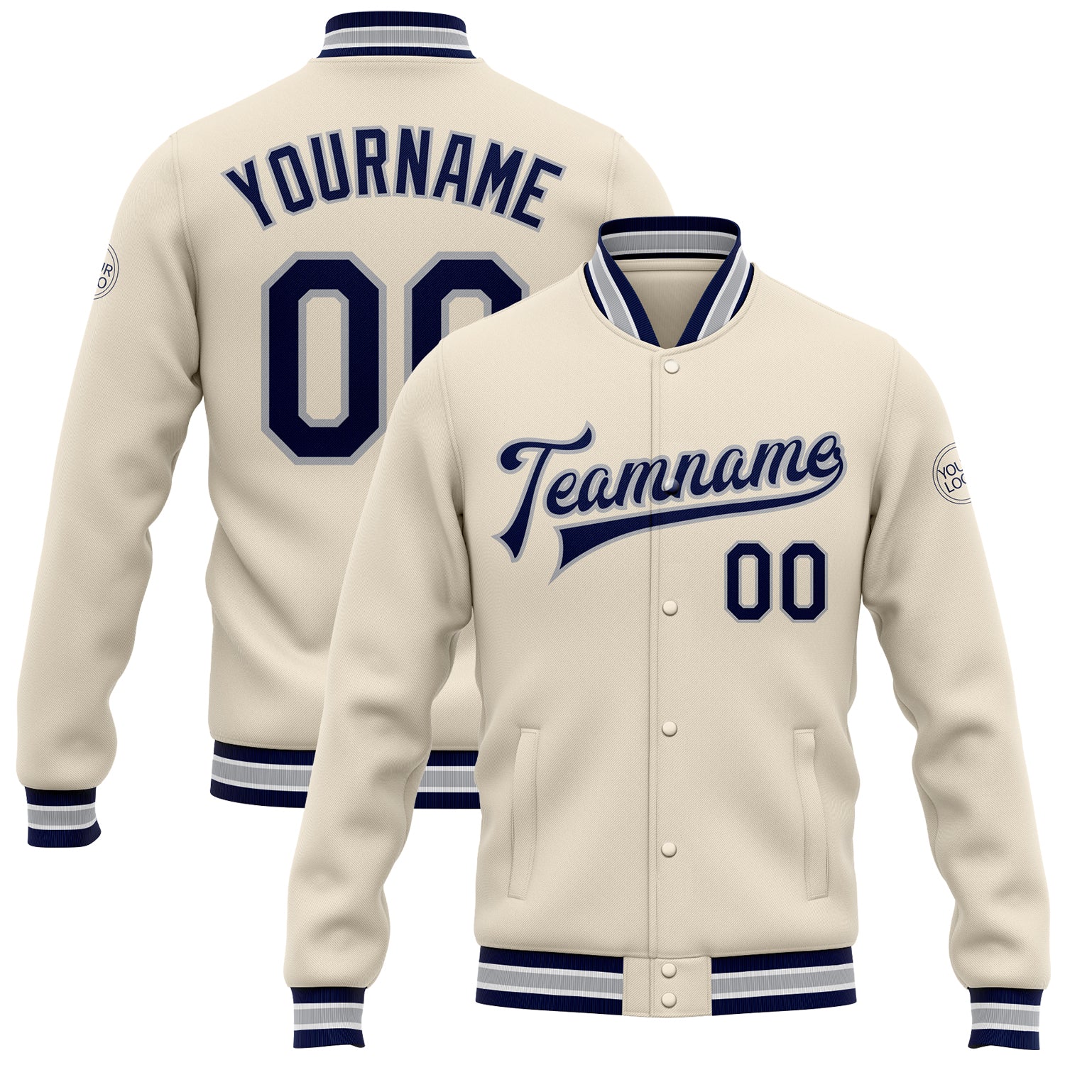 Custom Personalized Bomber Jacket with Team Name and Number - Cream Navy-Gray Full-Snap Varsity Letterman Personalized Cream