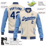 Personalized Two Tone Varsity Letterman Bomber Jacket Cream Navy Light Blue Full-Snap Personalized Cream Navy-Light Blue