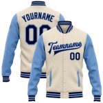 Personalized Two Tone Varsity Letterman Bomber Jacket Cream Navy Light Blue Full-Snap Personalized Cream Navy-Light Blue