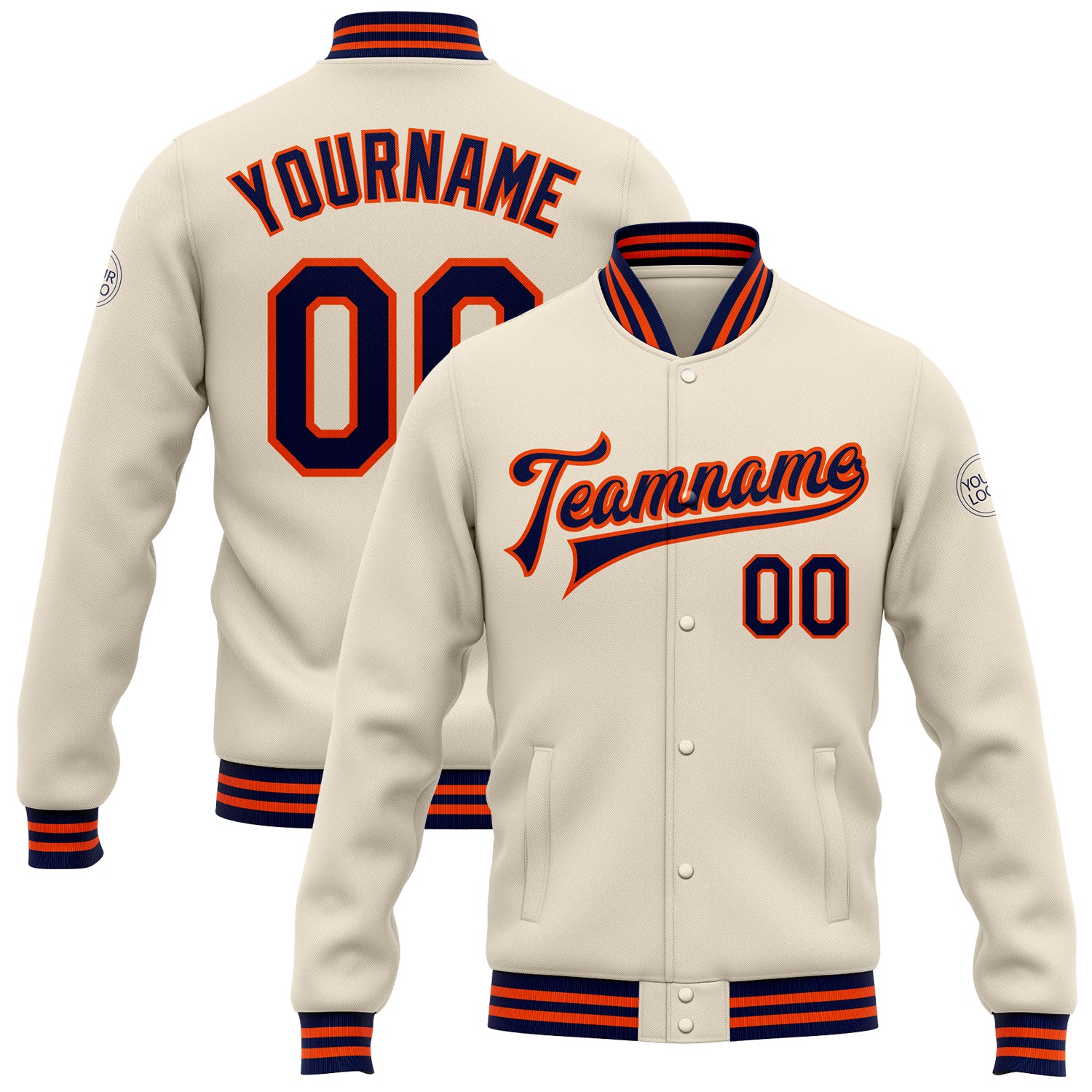 Personalized Navy Orange Full-Snap Varsity Bomber Jacket for Men and Women Personalized Cream Navy-Orange Bomber Full-Snap
