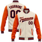 Personalized Two Tone Varsity Letterman Jacket Cream Navy-Orange Full-Snap Bomber Personalized Cream Navy-Orange Bomber Full-Snap