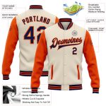 Personalized Two Tone Varsity Letterman Jacket Cream Navy-Orange Full-Snap Bomber Personalized Cream Navy-Orange Bomber Full-Snap