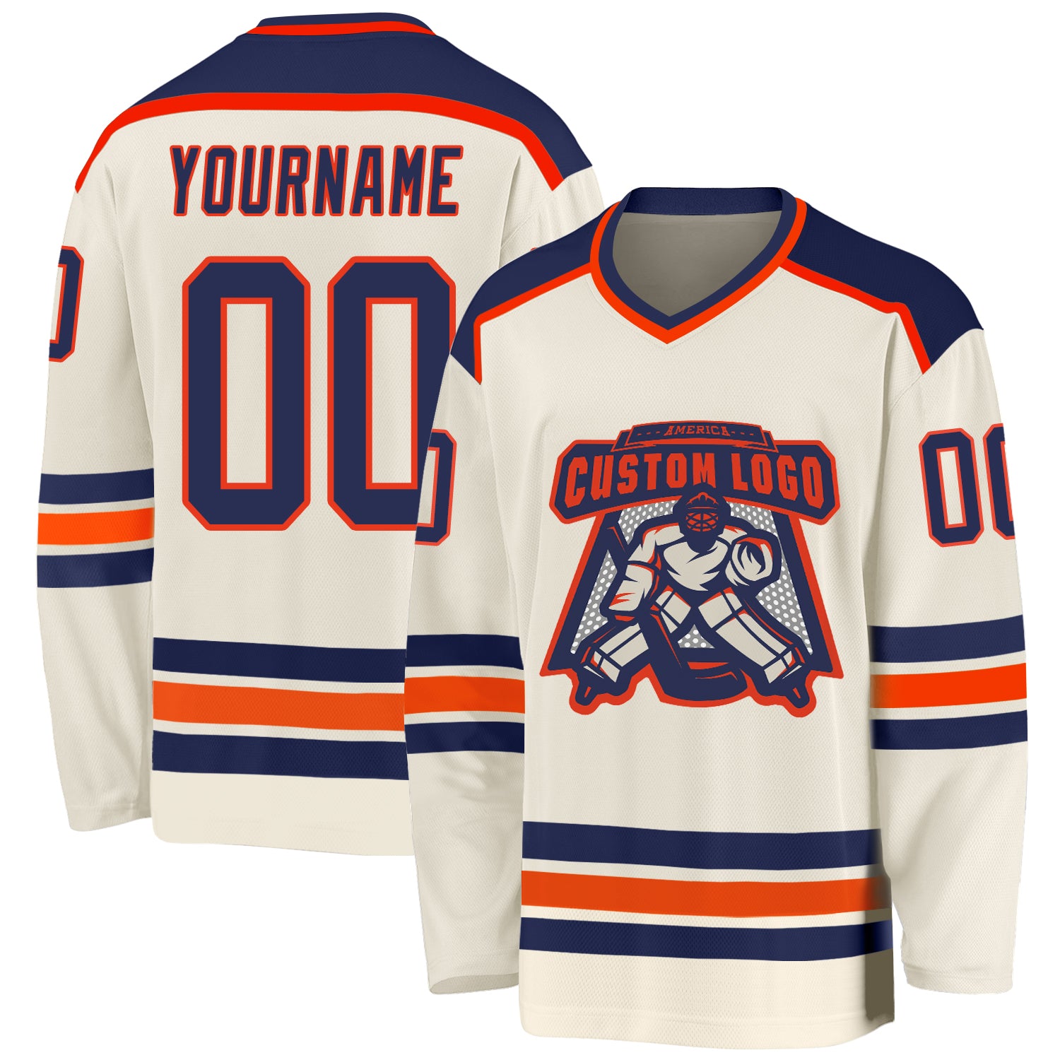 Personalized Navy-Orange Hockey Jersey for Adults and Kids - Custom Cream Design Personalized Cream Navy-Orange Hockey Jersey