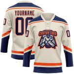 Personalized Navy Orange Hockey Jersey with Lace Neck - Custom Cream Design Personalized Cream Navy-Orange Hockey Lace Neck