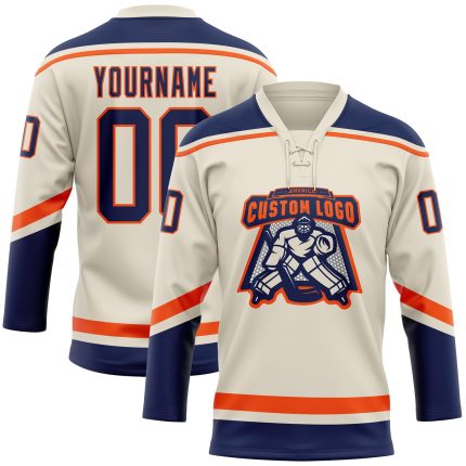 Personalized Navy Orange Hockey Jersey with Lace Neck - Custom Cream Design Personalized Cream Navy-Orange Hockey Lace Neck
