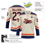 Personalized Navy Orange Hockey Jersey with Lace Neck - Custom Cream Design Personalized Cream Navy-Orange Hockey Lace Neck