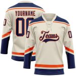 Personalized Navy Orange Hockey Jersey with Lace Neck - Custom Cream Design Personalized Cream Navy-Orange Hockey Lace Neck