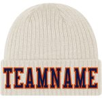 Personalized Navy-Orange Knit Hat with Cream Cuffs - Custom Stitched Beanie Personalized Cream Navy-Orange Stitched Cuffed