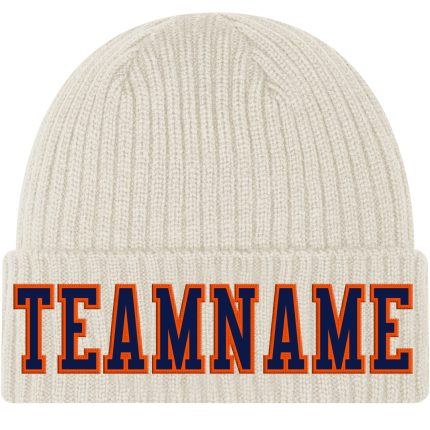 Personalized Navy-Orange Knit Hat with Cream Cuffs - Custom Stitched Beanie Personalized Cream Navy-Orange Stitched Cuffed