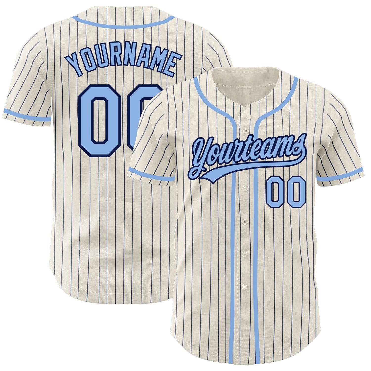 Custom Personalized Light Blue Baseball Jersey with Navy Pinstripe, Team Name & Number Personalized Cream Navy Pinstripe
