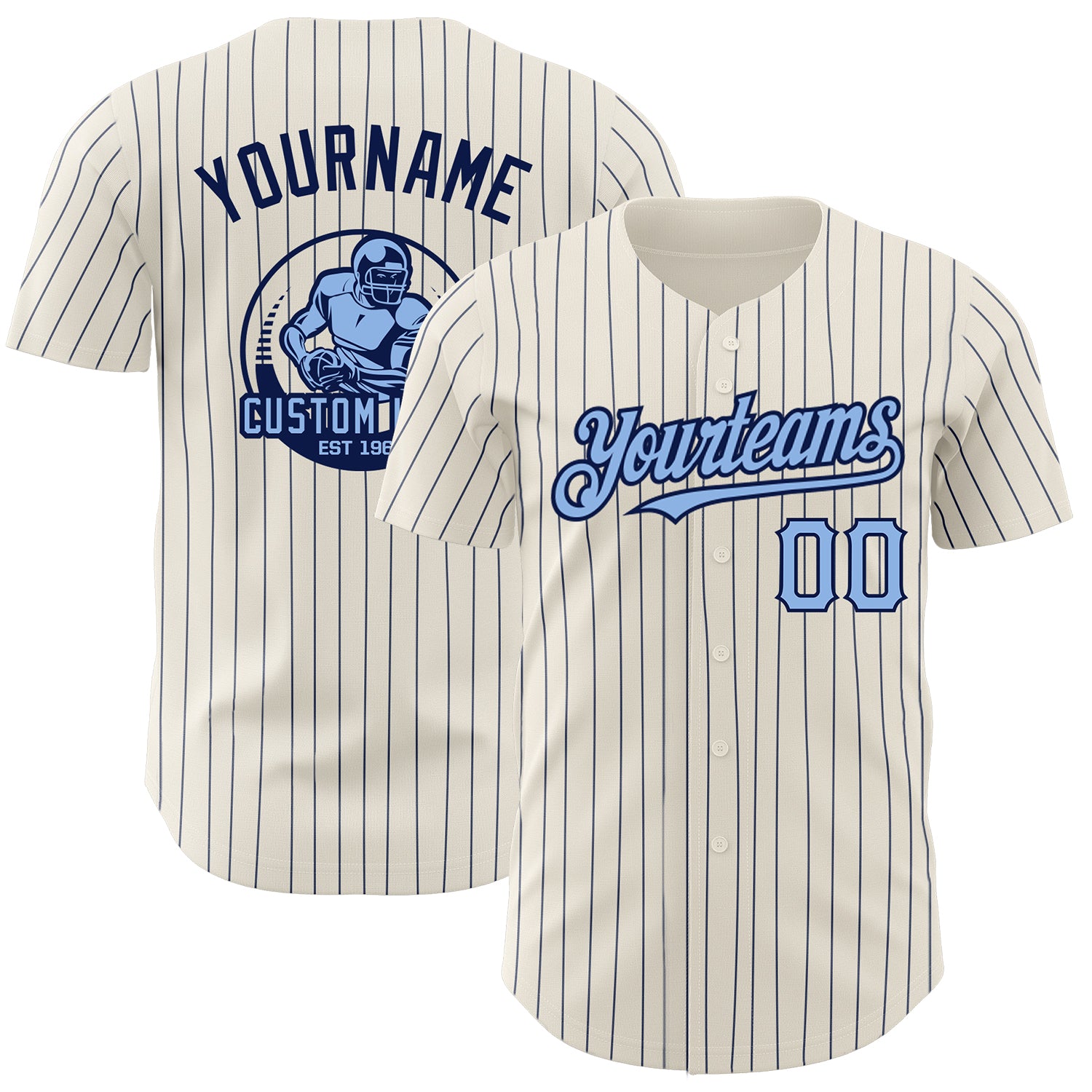 Personalized Light Blue Cream Navy Pinstripe Baseball Jersey for Men 2 Personalized Cream Navy Pinstripe Light Blue Baseball
