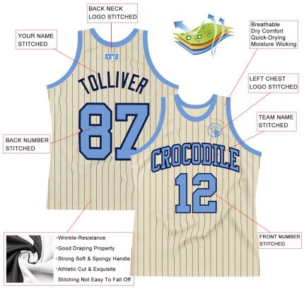 Personalized Light Blue Basketball Jersey with Cream Navy Pinstripe Personalized Cream Navy Pinstripe Light Blue Basketball