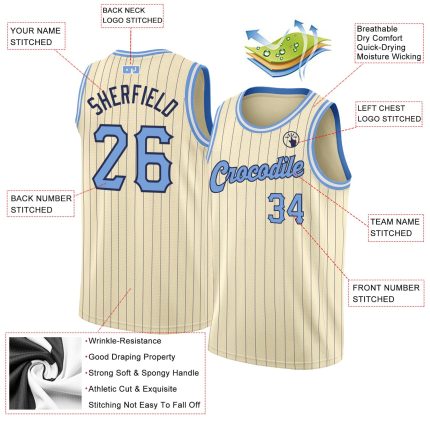 Personalized Navy Blue Cream Pinstripe Basketball Jersey Light Blue-Black Personalized Cream Navy Pinstripe Light Blue-Black