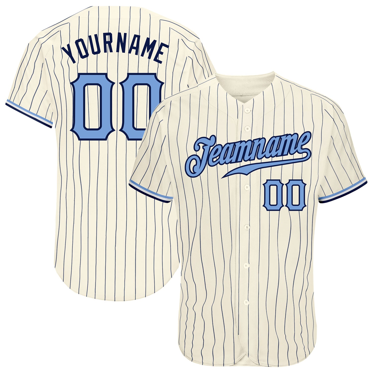 Personalized Navy Baseball Jersey with Cream Light Blue Pinstripes Personalized Cream Navy Pinstripe Light Blue-Navy Baseball