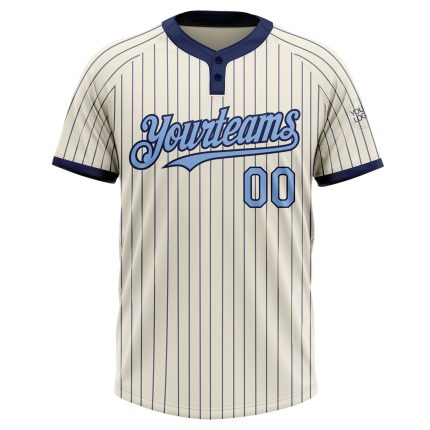 Custom Name Number Unisex Softball Jersey - Personalized Light Blue Navy Pinstripe Two-Button Design Personalized Cream Navy
