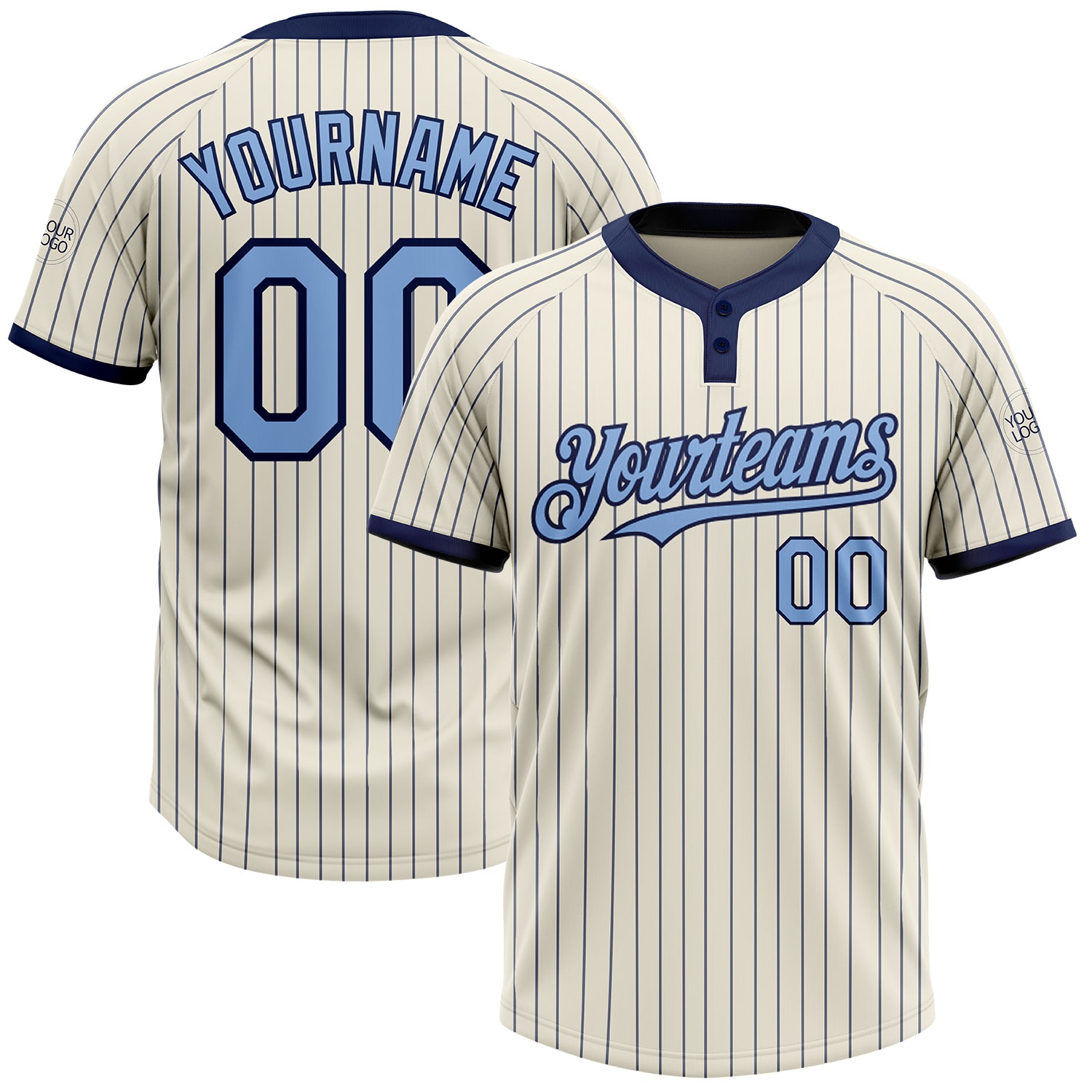 Custom Name Number Unisex Softball Jersey - Personalized Light Blue Navy Pinstripe Two-Button Design Personalized Cream Navy